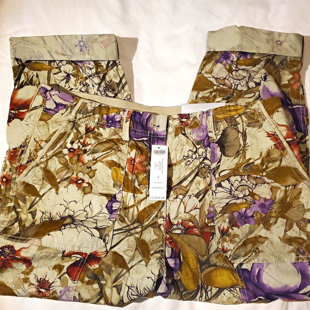 Chico's Cargo Crop Pants 8 Floral Twill Cuffed Cargo Pockets 23in NWT
